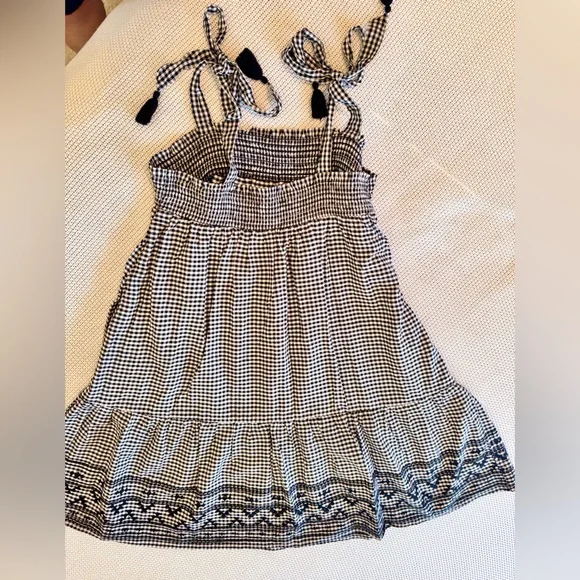 OLD NAVY Smocked Tiered Black White Gingham Plaid Mini Dress w Pockets & Tassels - Picture 5 of 13